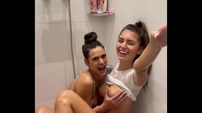 Lesbian shower&#x1F6BF; turns into messy double BJ and massive facial with cum swap POV blowjob