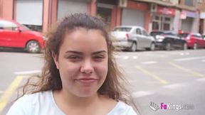 Busty babe exposes her tits to strangers on the sidewalk