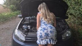 Stranger caught girl with car breakdown and helps with car repairs for an ass fuck