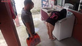 Married housewife pays washing machine technician with her ass while husband is away