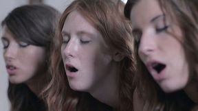 Feverish boy pleases three big assed babes with steamy cunnilingus