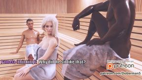 Dobermans Pamela Episode 04 Unfaithful Whore Fucking with a Huge Monster Black Cock in Front of Her Cuckold Husband in the Sauna