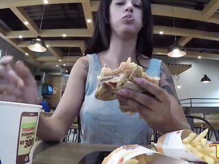 Sexy brunette, Shayenne Samara is showing her firm breasts in a public place, just for fun